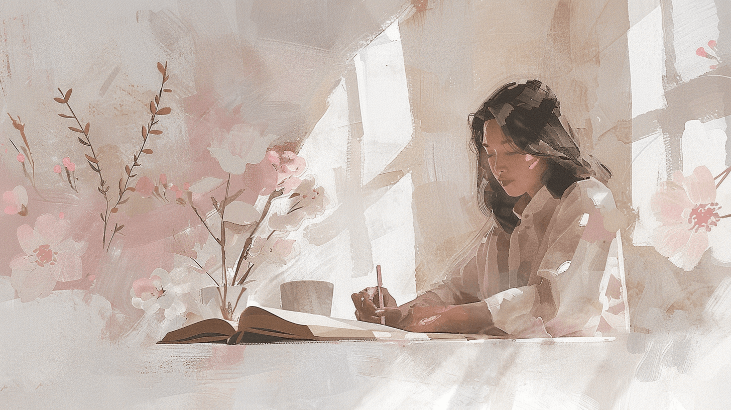 Woman journaling at a desk with pink blossoms