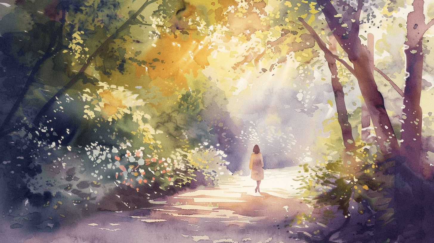Woman walking through peaceful woods, taking a restorative break to recover from burnout.